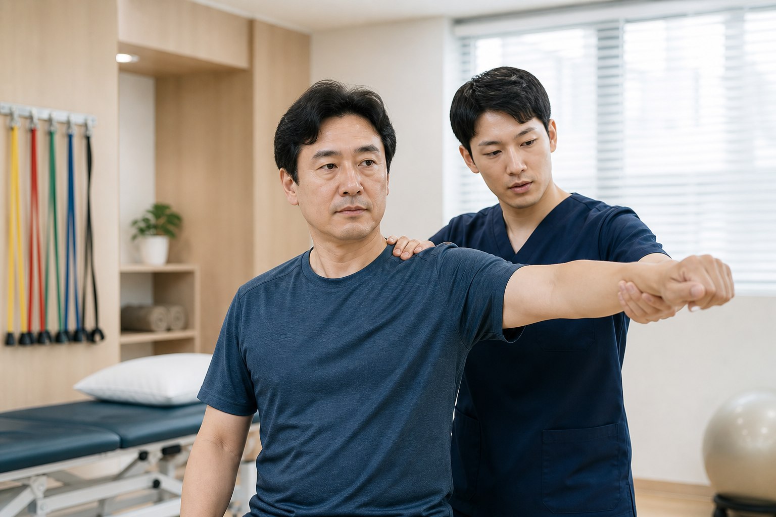 환자의 어깨 움직임 회복을 돕는 물리치료사